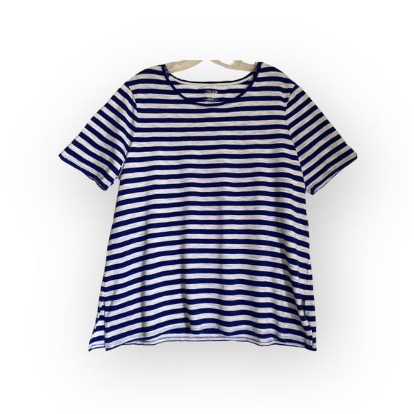 Chico's The Ultimate Tee Top L Round Neck Short Sleeve Cotton Blend Blue Striped - Picture 1 of 6